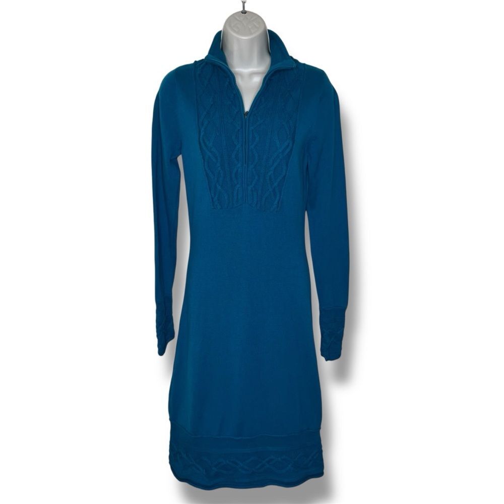 Athleta Sawtooth Sweater Dress Organic Cotton Wool Teal 1/4 Zip Women Size Small
